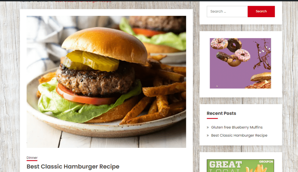 Wordpress Fairy theme recipe page example with a juicy burger and a sidebar 