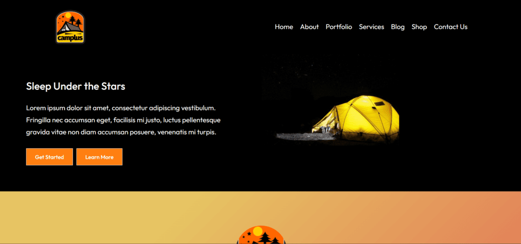 homepage example for a frost theme website for a made-up camp business